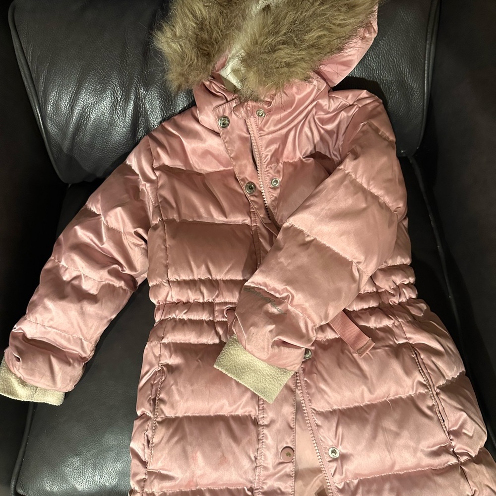 Pink Puffer Coat with Faux Fur Hood